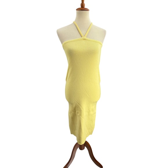 For Love & Lemons Knit Halter Midi Dress Size Large Yellow Ribbed Bodycon New - Picture 1 of 6